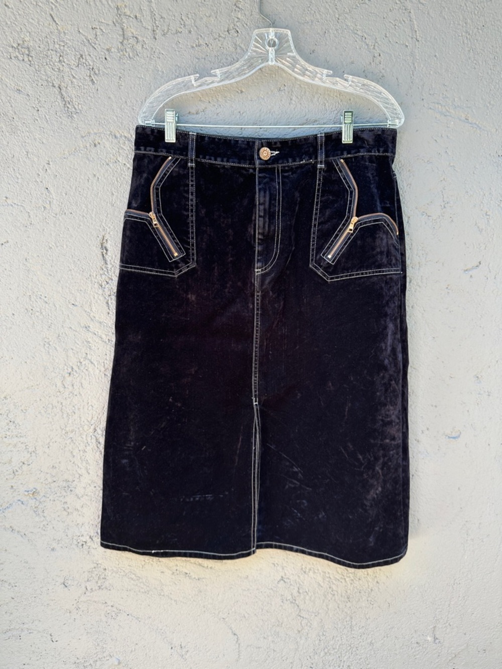 See By Chloe dark navy blue Velvet Midi Skirt with Zip Accent Pockets